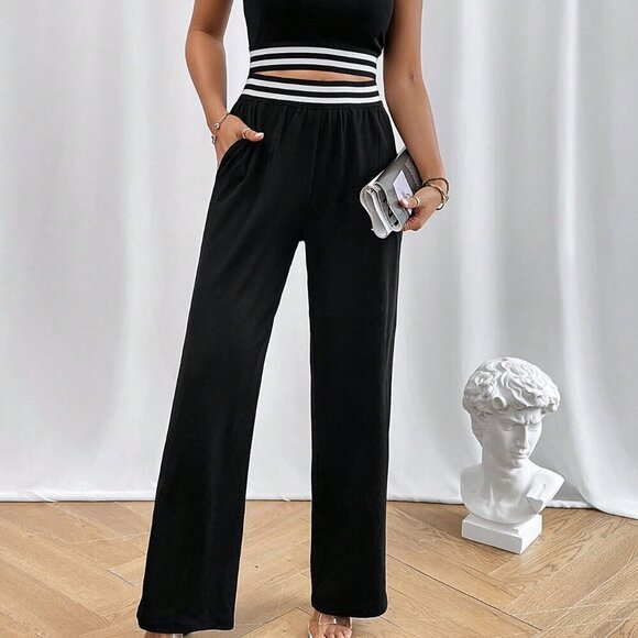 Black Casual Women's Contrast Binding Crop Tank Top & Pants - Picture 5 of 6